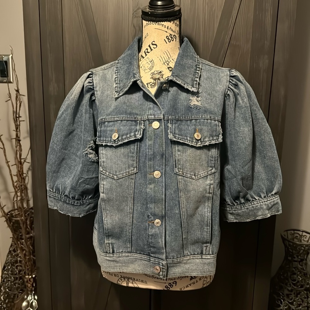 ODDY Cropped distressed puff short-sleeved denim jacket
